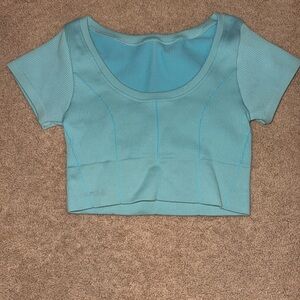 Women's Aqua Ribbed Short Sleeve Crop Top